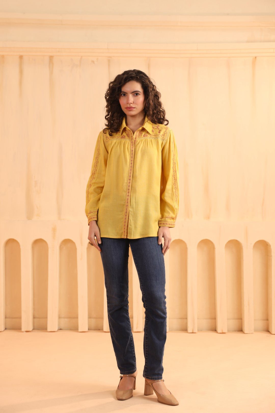 Nyaro Mustard Embroidered Cotton Linen Shirt Top for Women - Nyaro