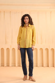 Nyaro Mustard Embroidered Cotton Linen Shirt Top for Women - Nyaro