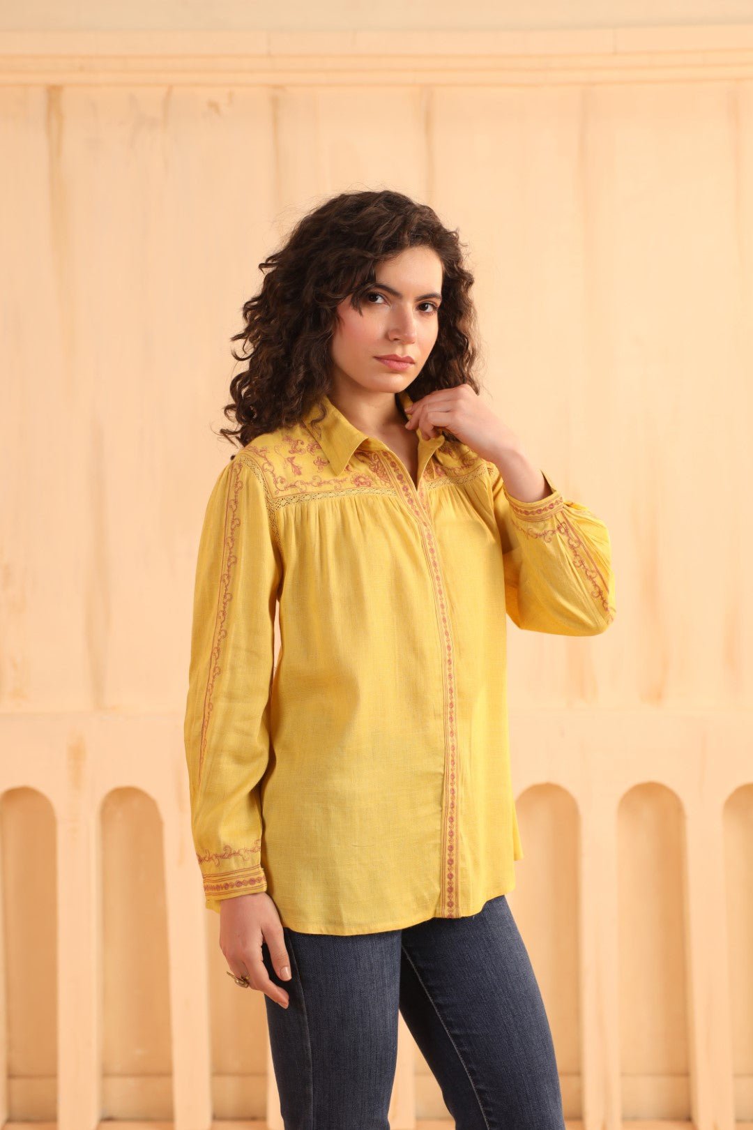 Nyaro Mustard Embroidered Cotton Linen Shirt Top for Women - Nyaro