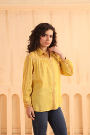 Nyaro Mustard Embroidered Cotton Linen Shirt Top for Women - Nyaro