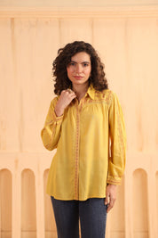 Nyaro Mustard Embroidered Cotton Linen Shirt Top for Women - Nyaro