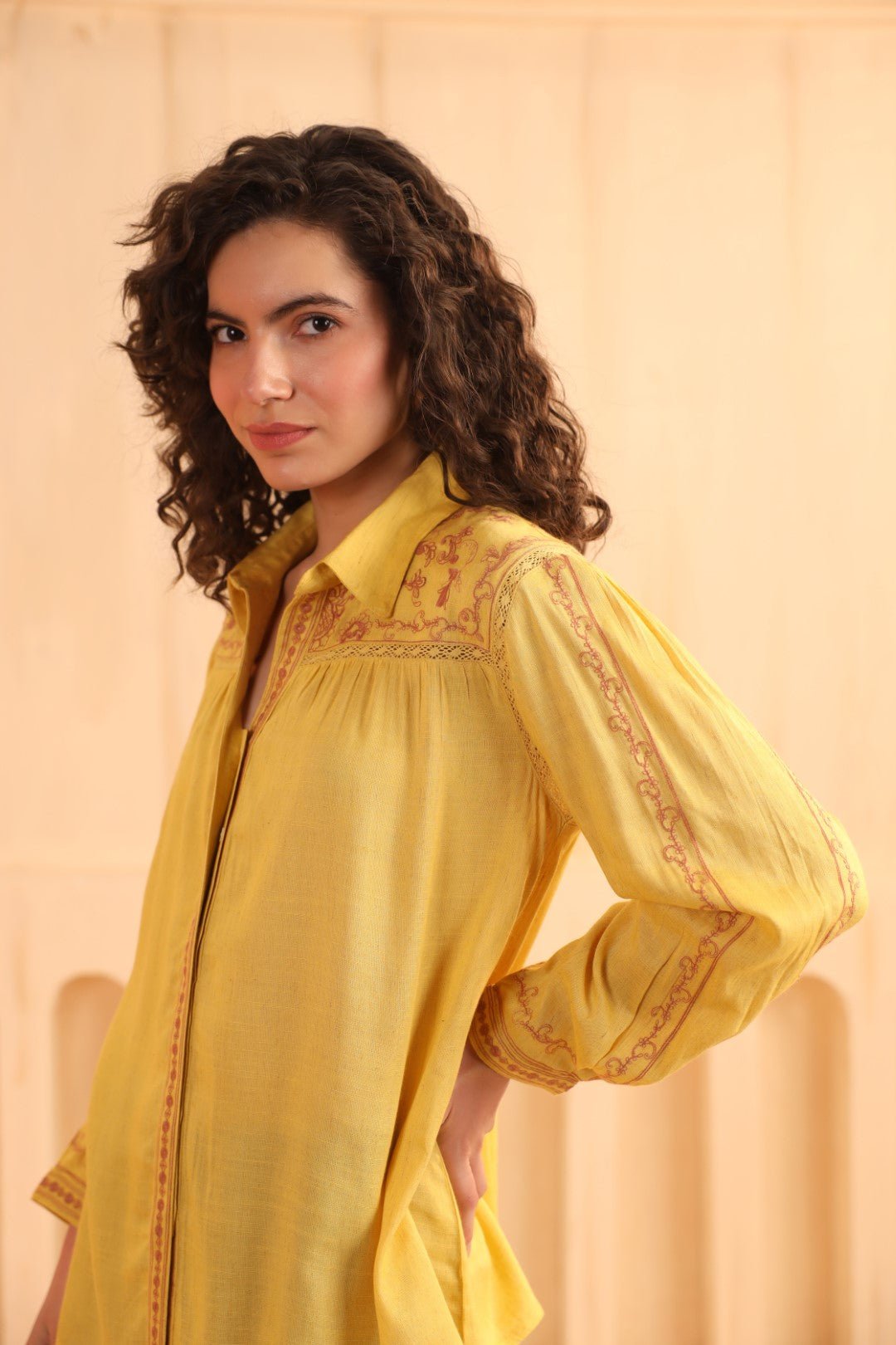 Nyaro Mustard Embroidered Cotton Linen Shirt Top for Women - Nyaro