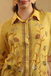 Nyaro Mustard Floral Embroidered Linen Shirt Top for Women - Nyaro