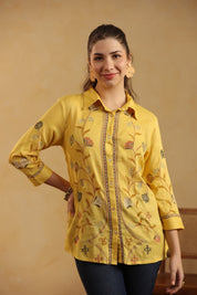 Nyaro Mustard Floral Embroidered Linen Shirt Top for Women - Nyaro