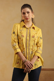 Nyaro Mustard Floral Embroidered Linen Shirt Top for Women - Nyaro