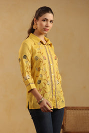 Nyaro Mustard Floral Embroidered Linen Shirt Top for Women - Nyaro