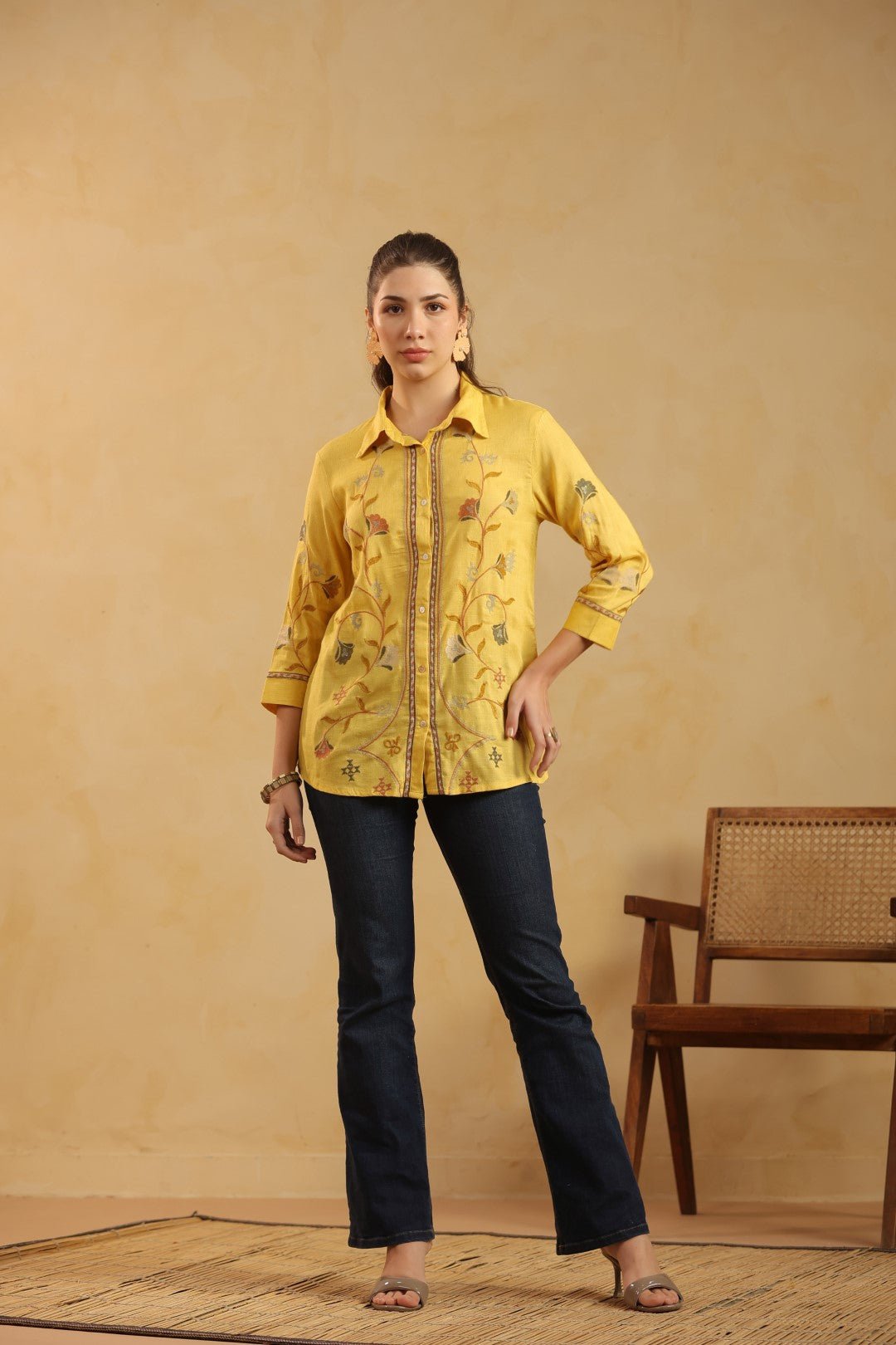 Nyaro Mustard Floral Embroidered Linen Shirt Top for Women - Nyaro