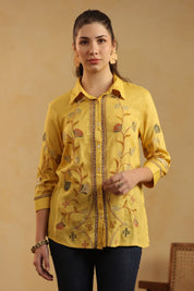 Nyaro Mustard Floral Embroidered Linen Shirt Top for Women - Nyaro
