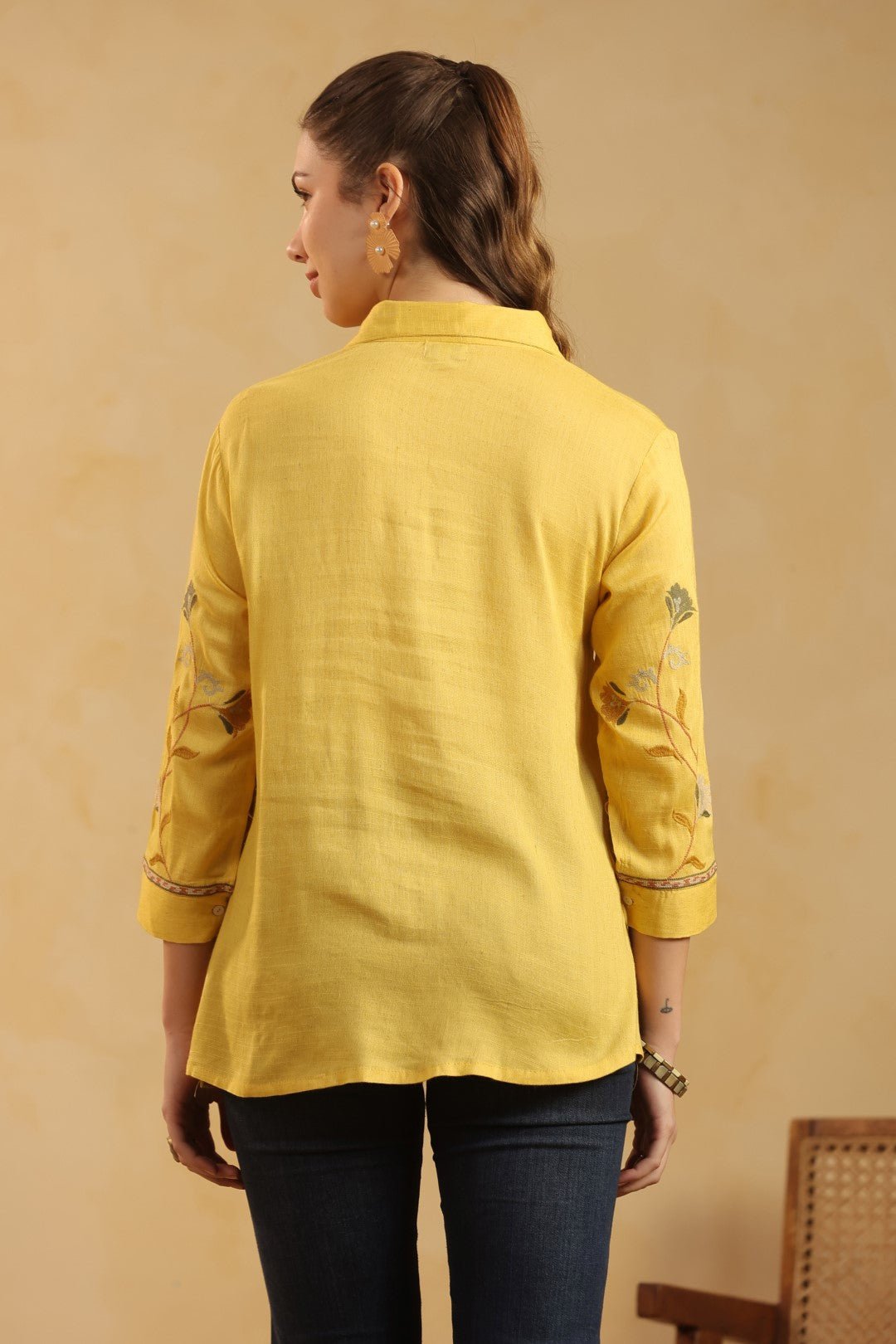 Nyaro Mustard Floral Embroidered Linen Shirt Top for Women - Nyaro