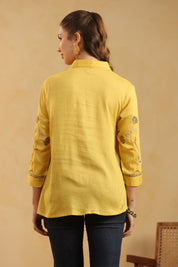 Nyaro Mustard Floral Embroidered Linen Shirt Top for Women - Nyaro