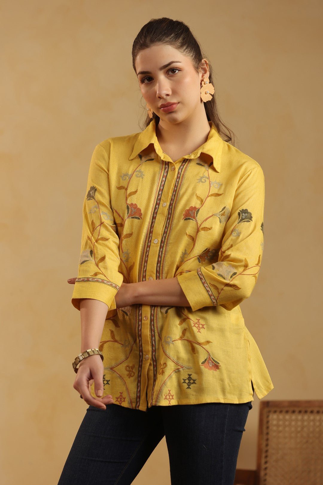 Nyaro Mustard Floral Embroidered Linen Shirt Top for Women - Nyaro