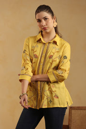 Nyaro Mustard Floral Embroidered Linen Shirt Top for Women - Nyaro