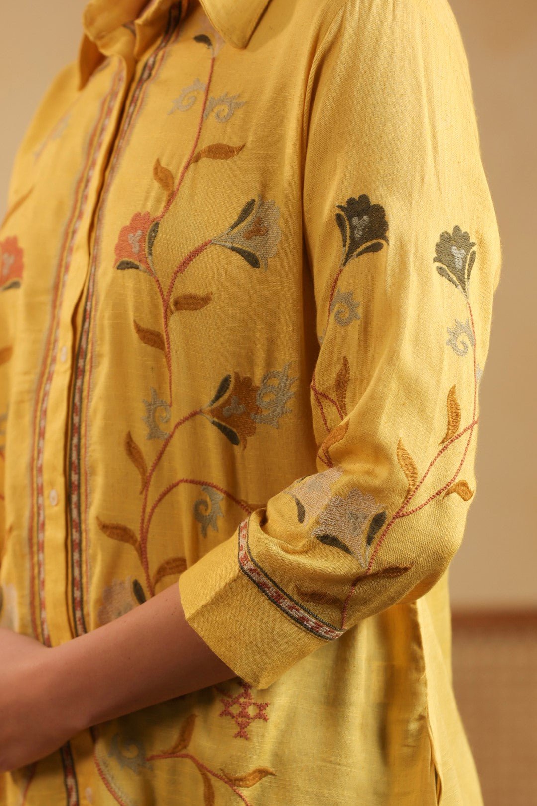 Nyaro Mustard Floral Embroidered Linen Shirt Top for Women - Nyaro