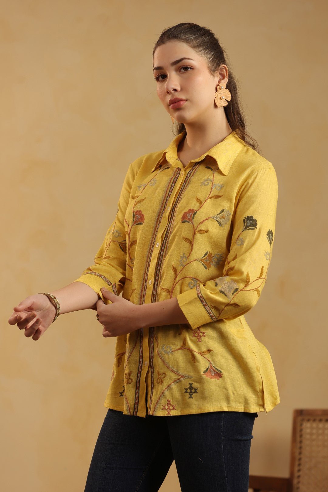 Nyaro Mustard Floral Embroidered Linen Shirt Top for Women - Nyaro