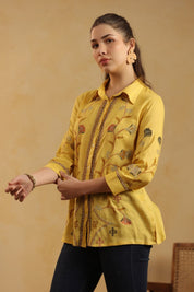 Nyaro Mustard Floral Embroidered Linen Shirt Top for Women - Nyaro