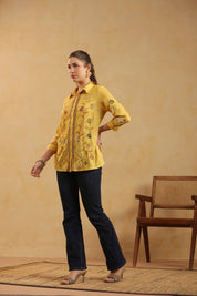 Nyaro Mustard Floral Embroidered Linen Shirt Top for Women - Nyaro