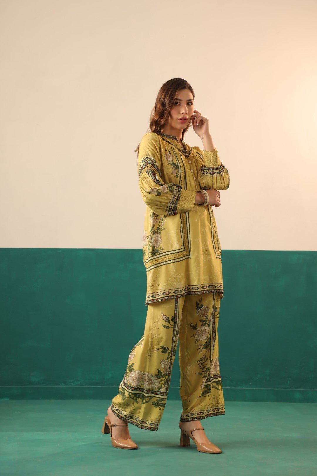 Nyaro Mustard Floral Printed Viscose Co - Ord Set for Women - Nyaro