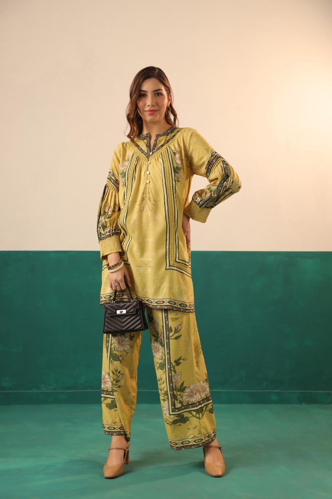 Nyaro Mustard Floral Printed Viscose Co - Ord Set for Women - Nyaro