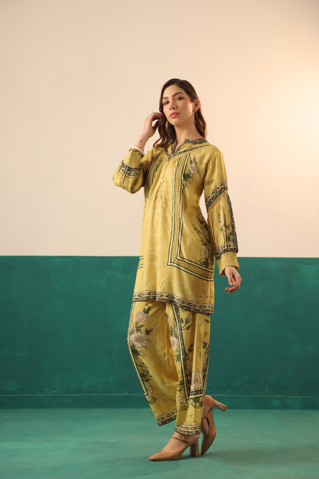 Nyaro Mustard Floral Printed Viscose Co - Ord Set for Women - Nyaro