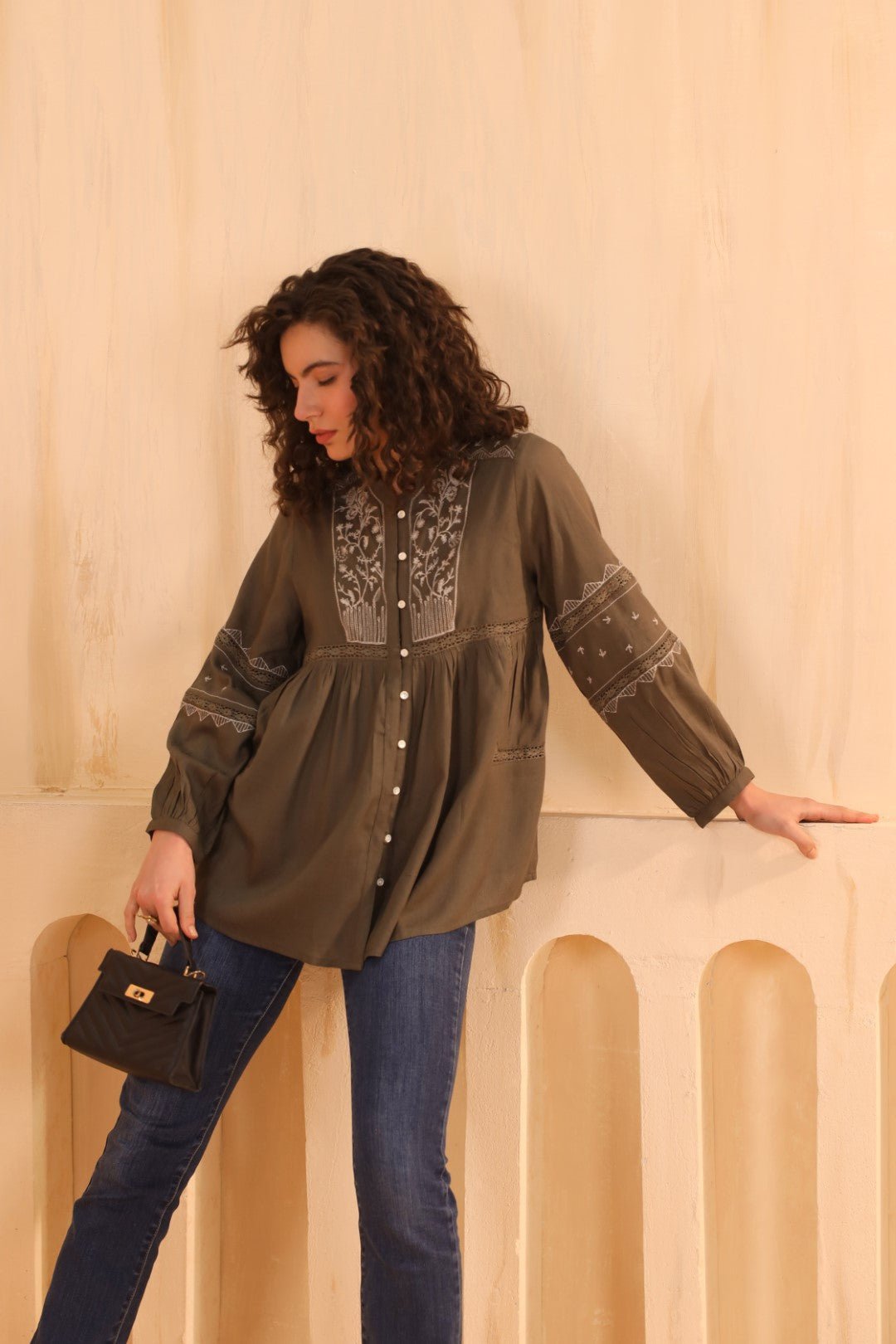 Nyaro Olive Embroidered Cotton Linen Top for Women - Nyaro