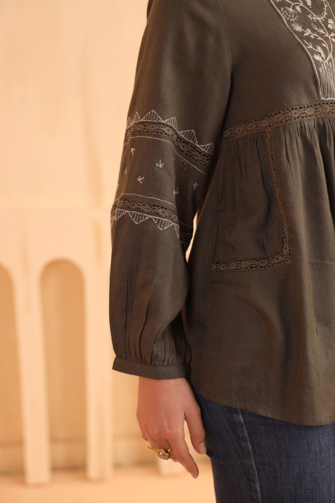 Nyaro Olive Embroidered Cotton Linen Top for Women - Nyaro