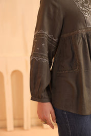 Nyaro Olive Embroidered Cotton Linen Top for Women - Nyaro