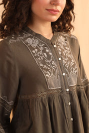 Nyaro Olive Embroidered Cotton Linen Top for Women - Nyaro