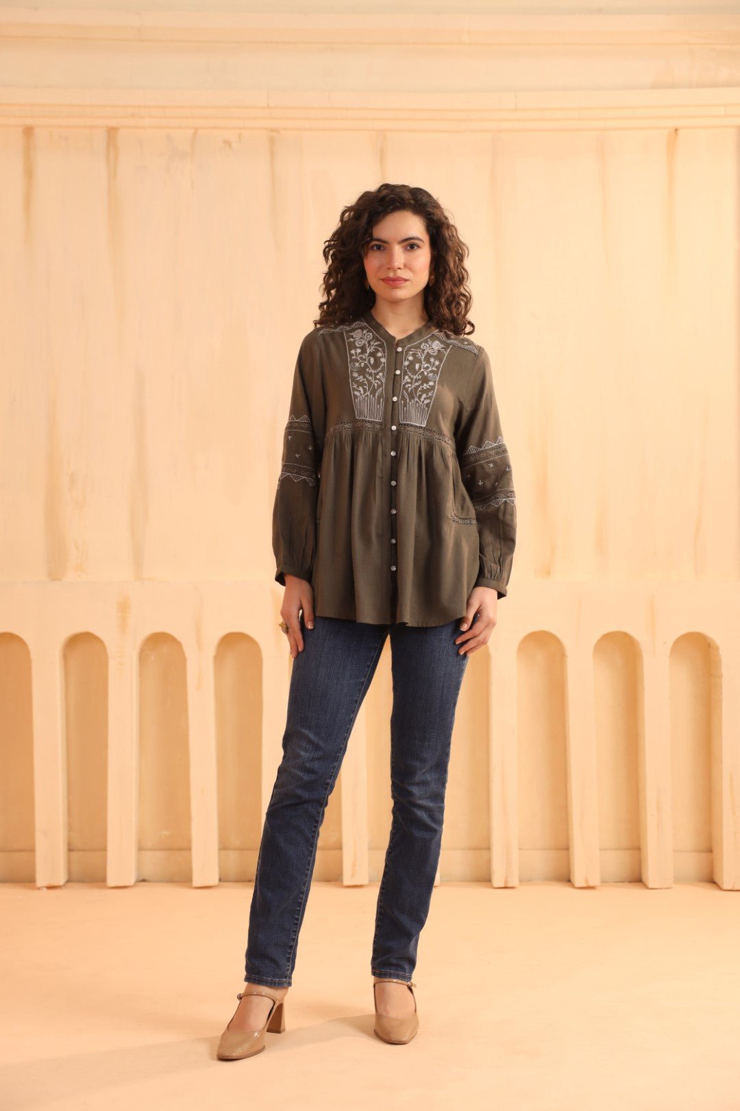 Nyaro Olive Embroidered Cotton Linen Top for Women - Nyaro