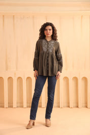 Nyaro Olive Embroidered Cotton Linen Top for Women - Nyaro