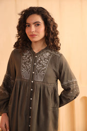 Nyaro Olive Embroidered Cotton Linen Top for Women - Nyaro