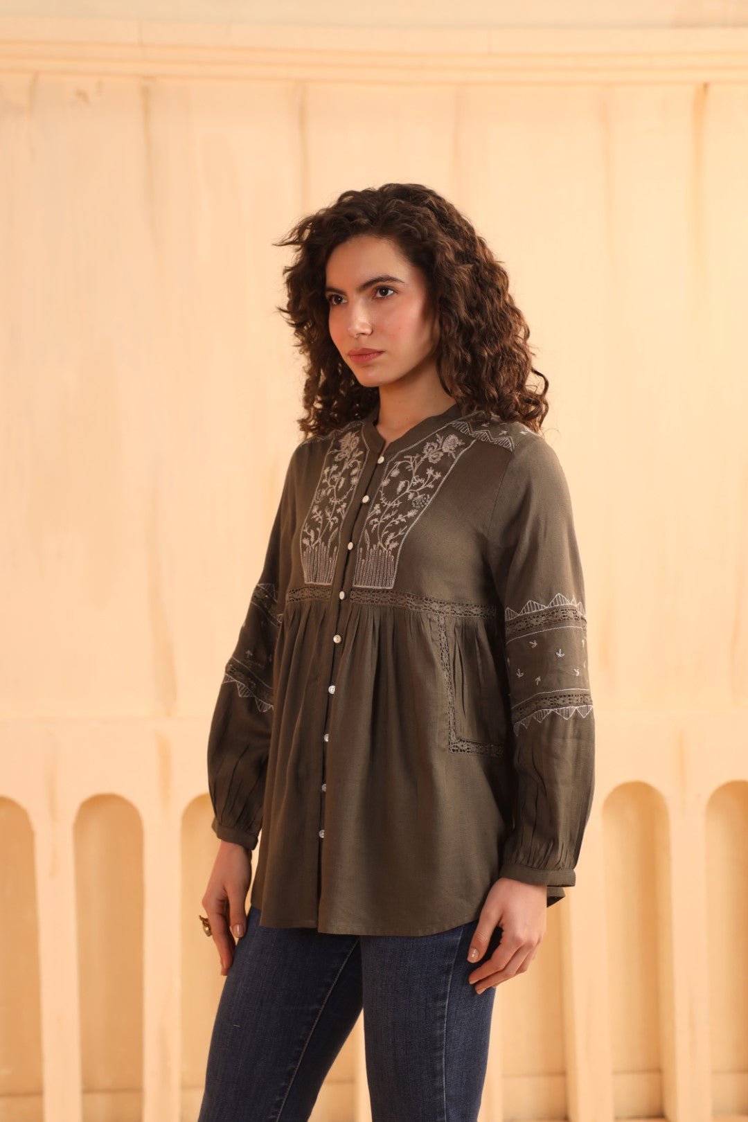 Nyaro Olive Embroidered Cotton Linen Top for Women - Nyaro