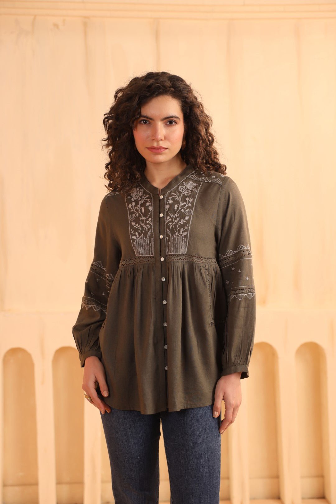Nyaro Olive Embroidered Cotton Linen Top for Women - Nyaro