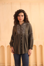 Nyaro Olive Embroidered Cotton Linen Top for Women - Nyaro