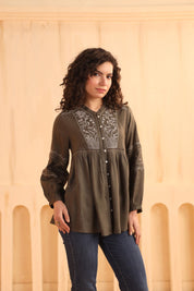Nyaro Olive Embroidered Cotton Linen Top for Women - Nyaro