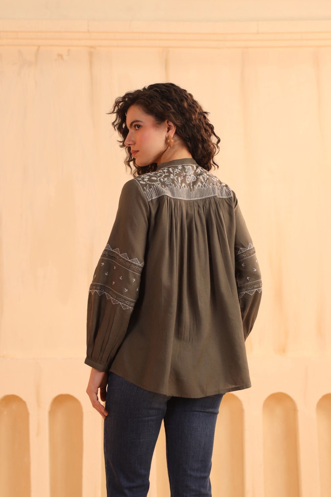 Nyaro Olive Embroidered Cotton Linen Top for Women - Nyaro