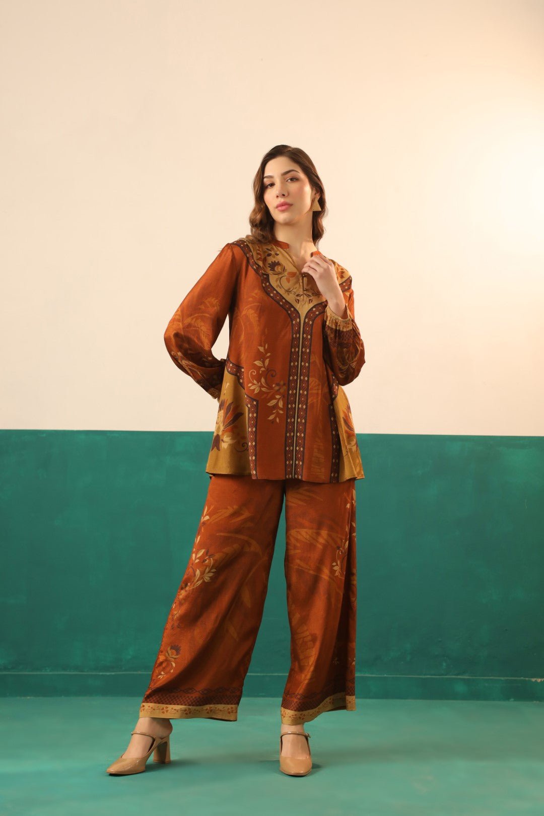 Nyaro Rust Printed Viscose Co - Ord Set for Women - Nyaro