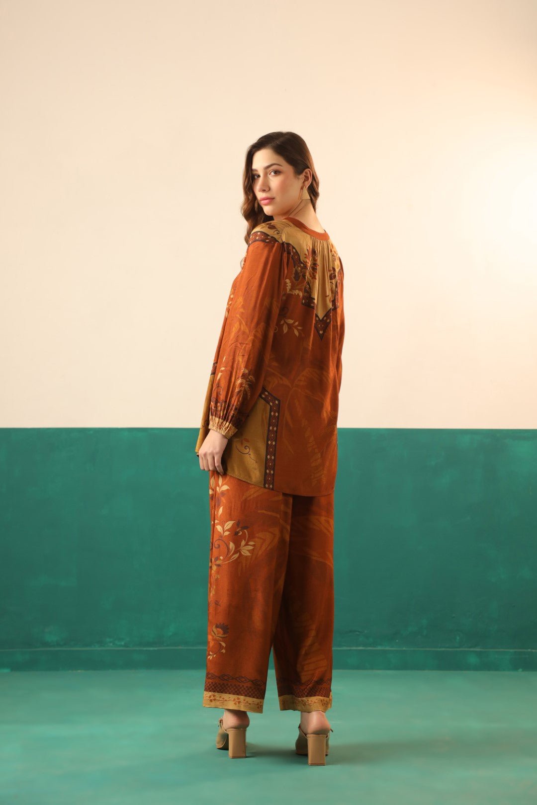 Nyaro Rust Printed Viscose Co - Ord Set for Women - Nyaro