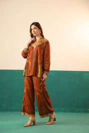 Nyaro Rust Printed Viscose Co - Ord Set for Women - Nyaro