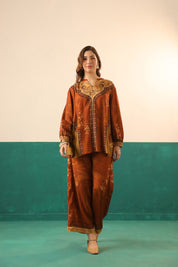 Nyaro Rust Printed Viscose Co - Ord Set for Women - Nyaro