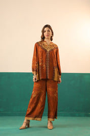 Nyaro Rust Printed Viscose Co - Ord Set for Women - Nyaro