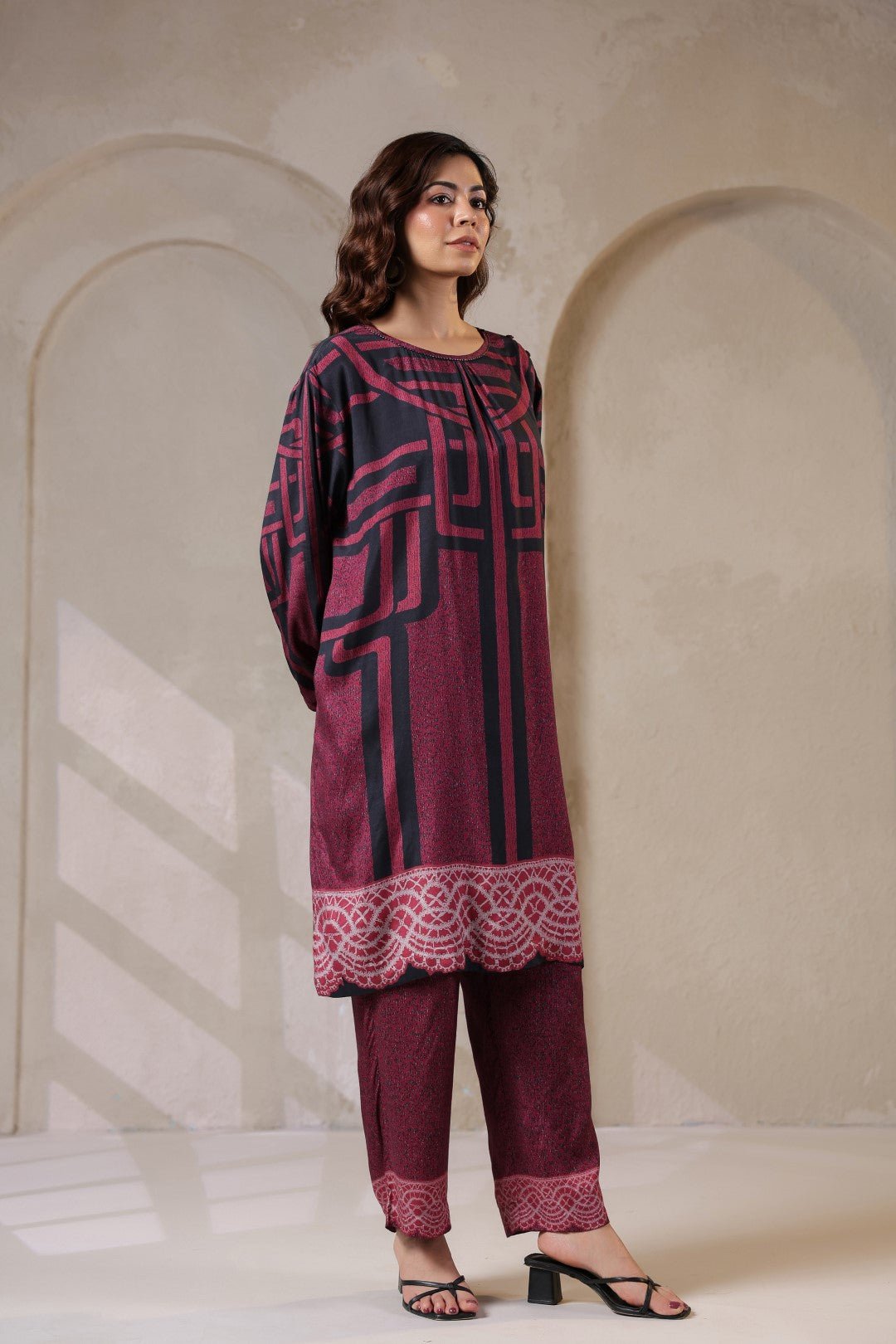 Nyaro Signature Abstract Print Maroon Co - ord Set - Nyaro