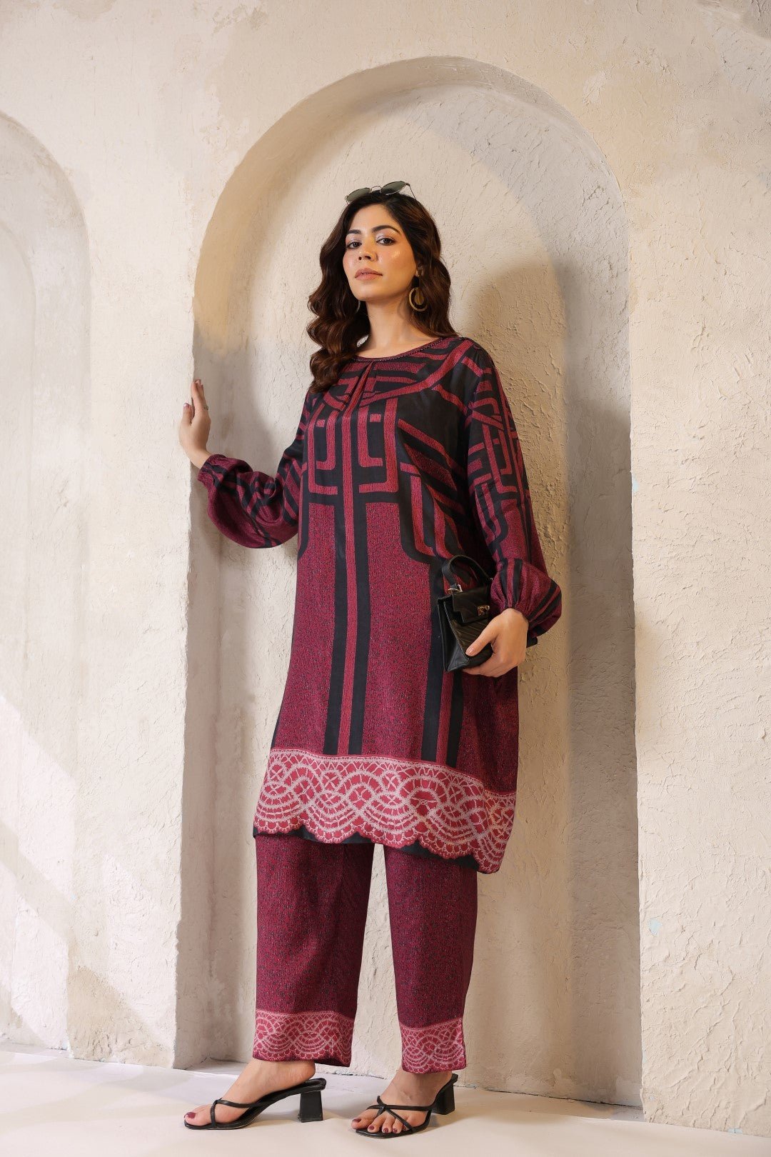 Nyaro Signature Abstract Print Maroon Co - ord Set - Nyaro