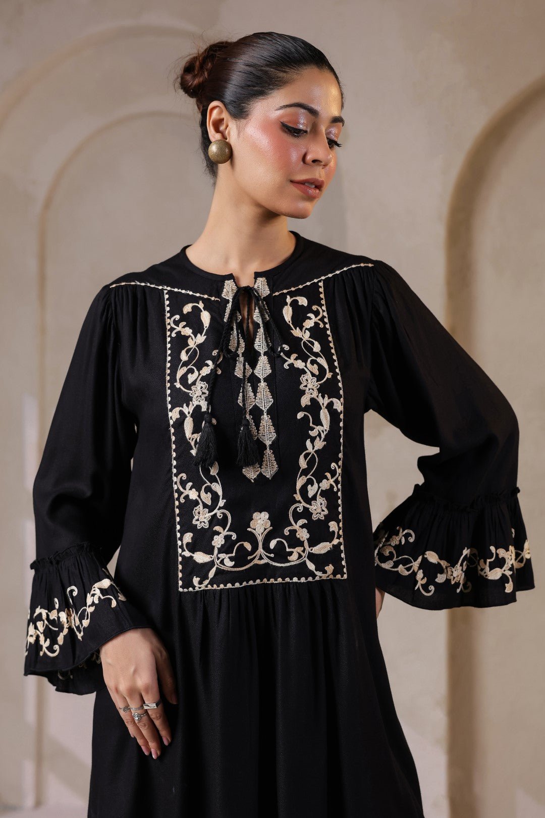 Nyaro Signature Black Moss Crepe Embroidered Dress - Nyaro