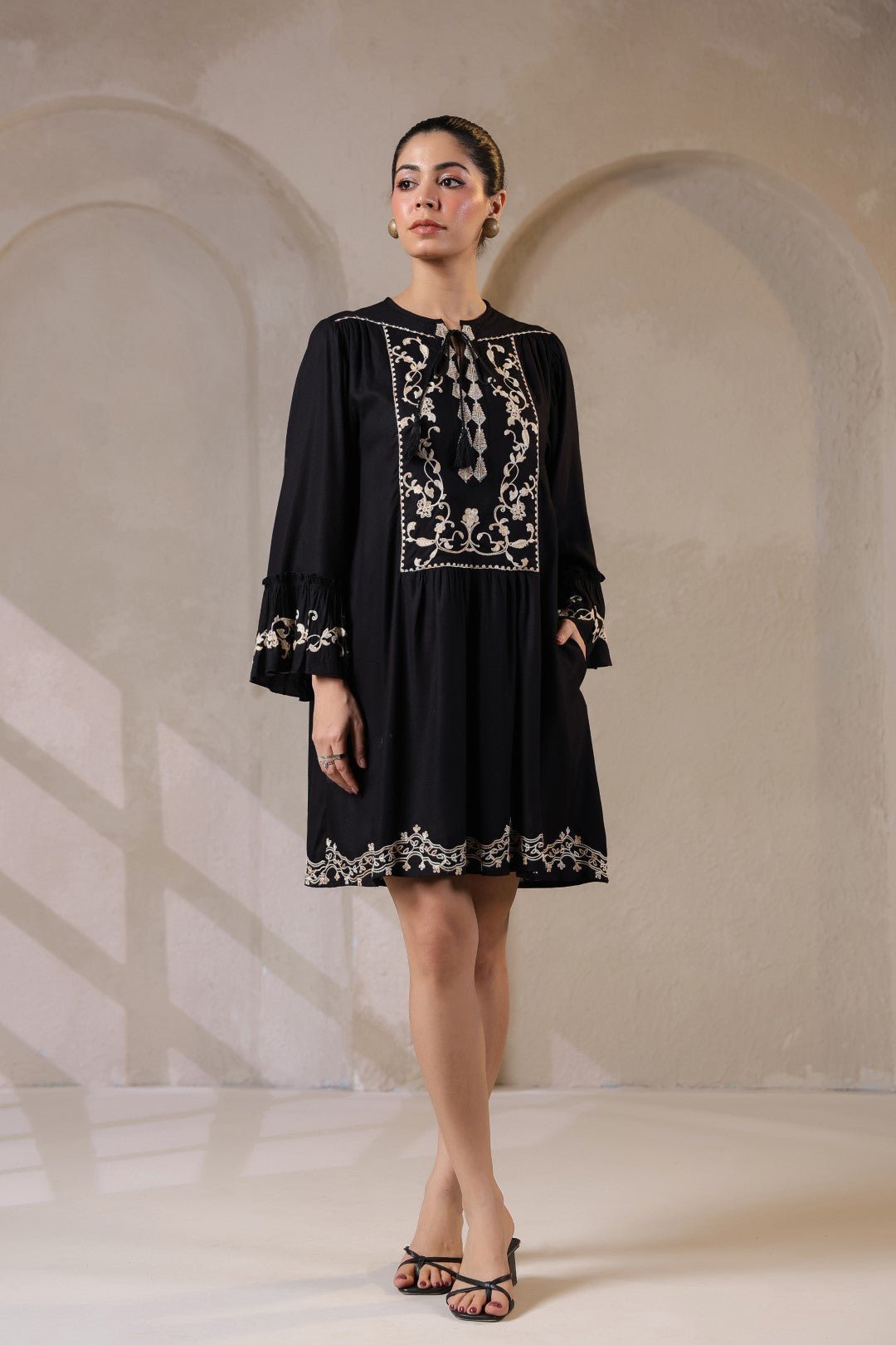 Nyaro Signature Black Moss Crepe Embroidered Dress - Nyaro
