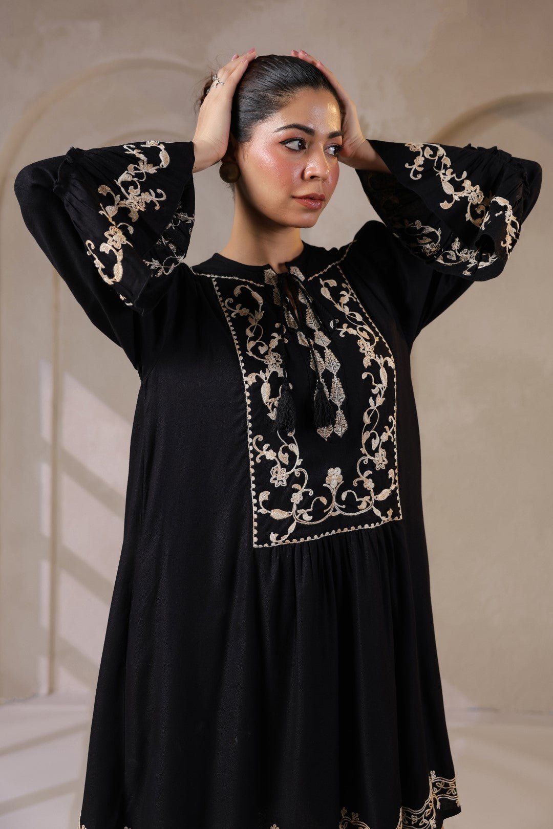 Nyaro Signature Black Moss Crepe Embroidered Dress - Nyaro
