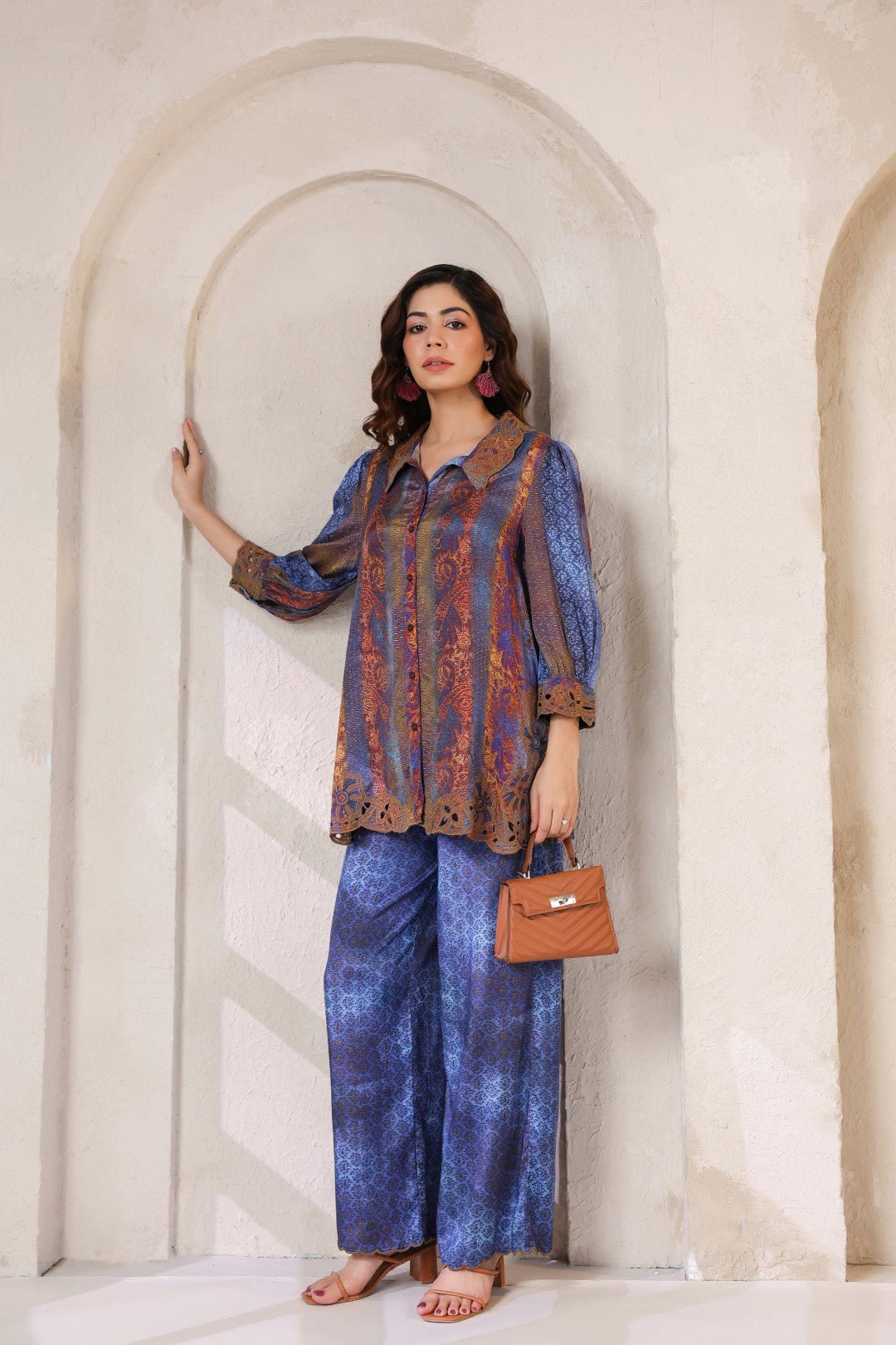 Nyaro Signature Blue Paisley Printed Co - ord Set in Viscose Santoon - Nyaro