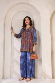 Nyaro Signature Blue Paisley Printed Co - ord Set in Viscose Santoon - Nyaro