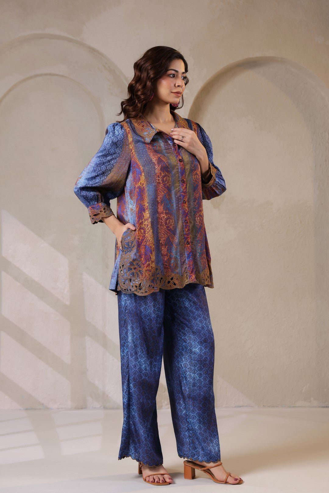 Nyaro Signature Blue Paisley Printed Co - ord Set in Viscose Santoon - Nyaro