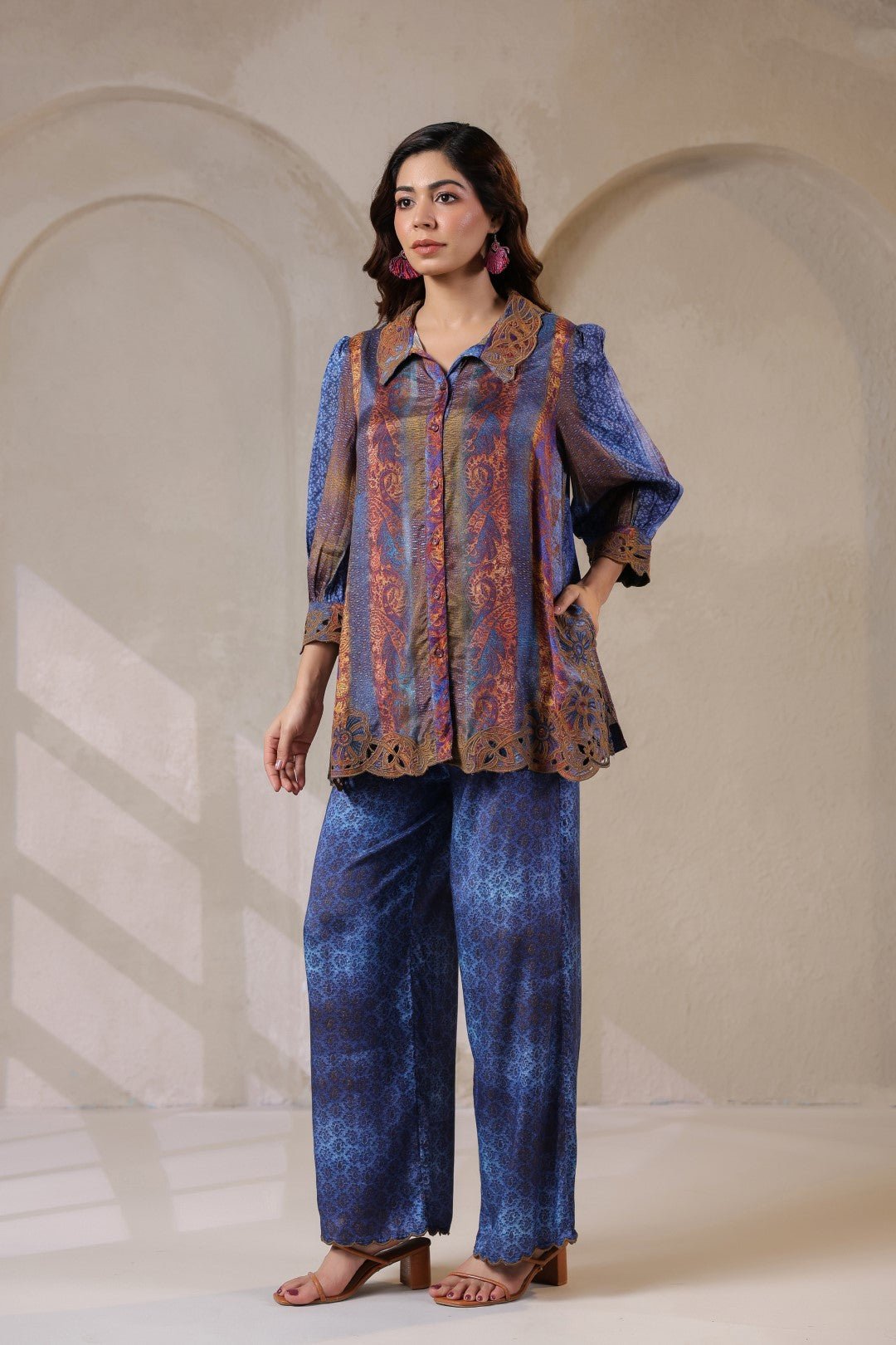 Nyaro Signature Blue Paisley Printed Co - ord Set in Viscose Santoon - Nyaro