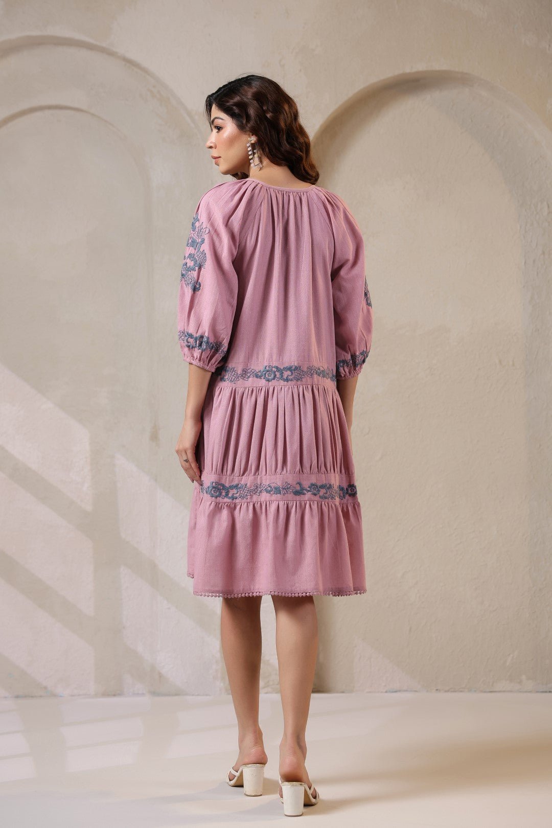 Nyaro Signature Blush Pink Cotton Flex Embroidered Dress - Nyaro